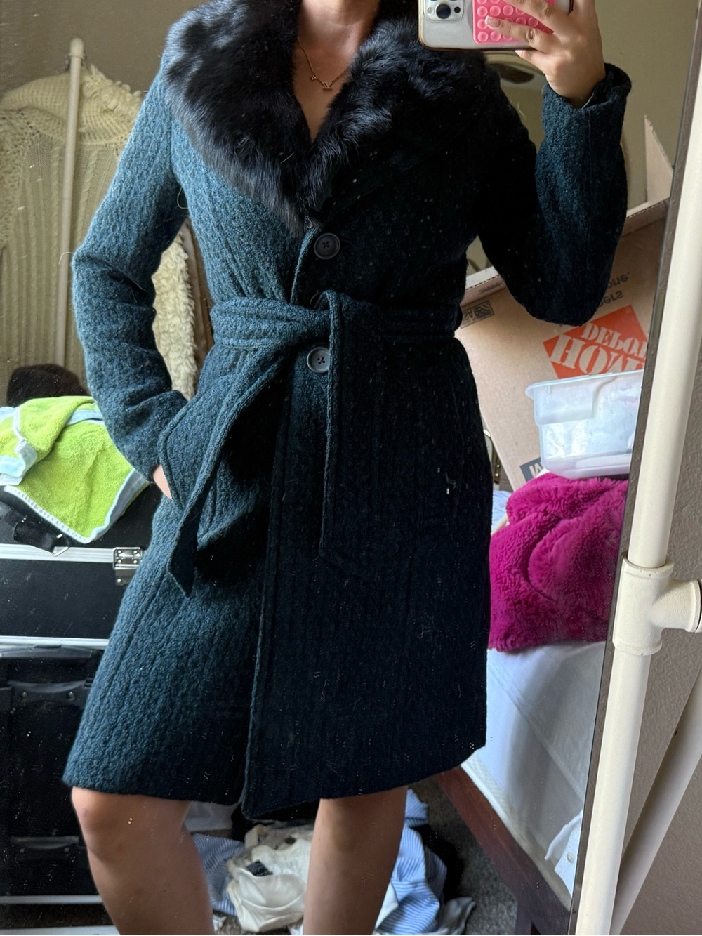 Banana Republic Dark Green Wool-Blend Trench Coat with Faux Fur Collar